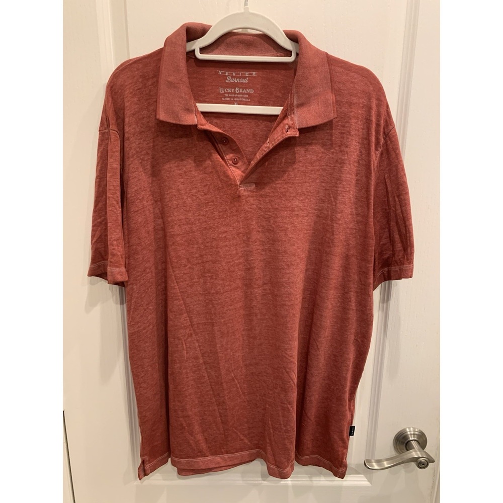 Lucky Brand Venice Burnout Polo Shirt Mens XL Burnt Orange Short Sleeve Collared